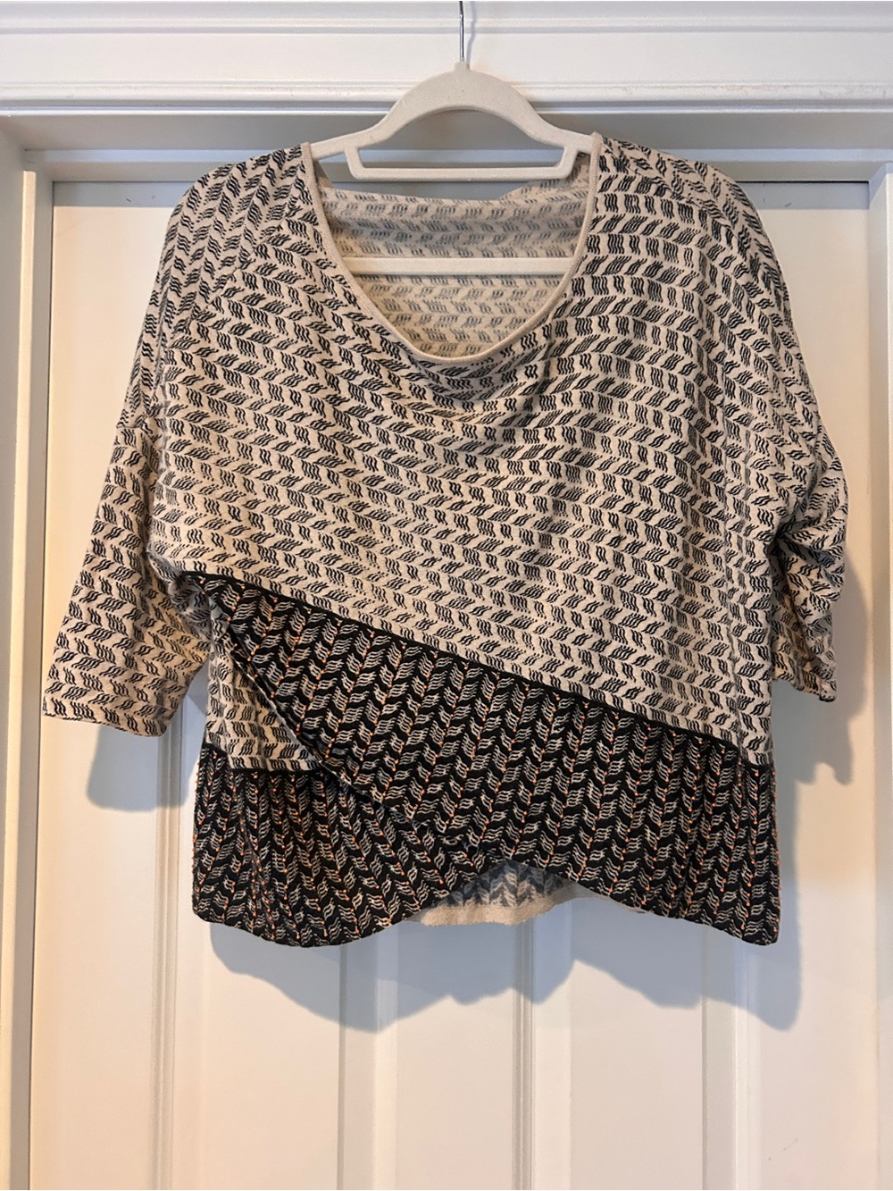 Moth Two-Tone Layered Patterned Scoop Neck Sweater - Cream and Black